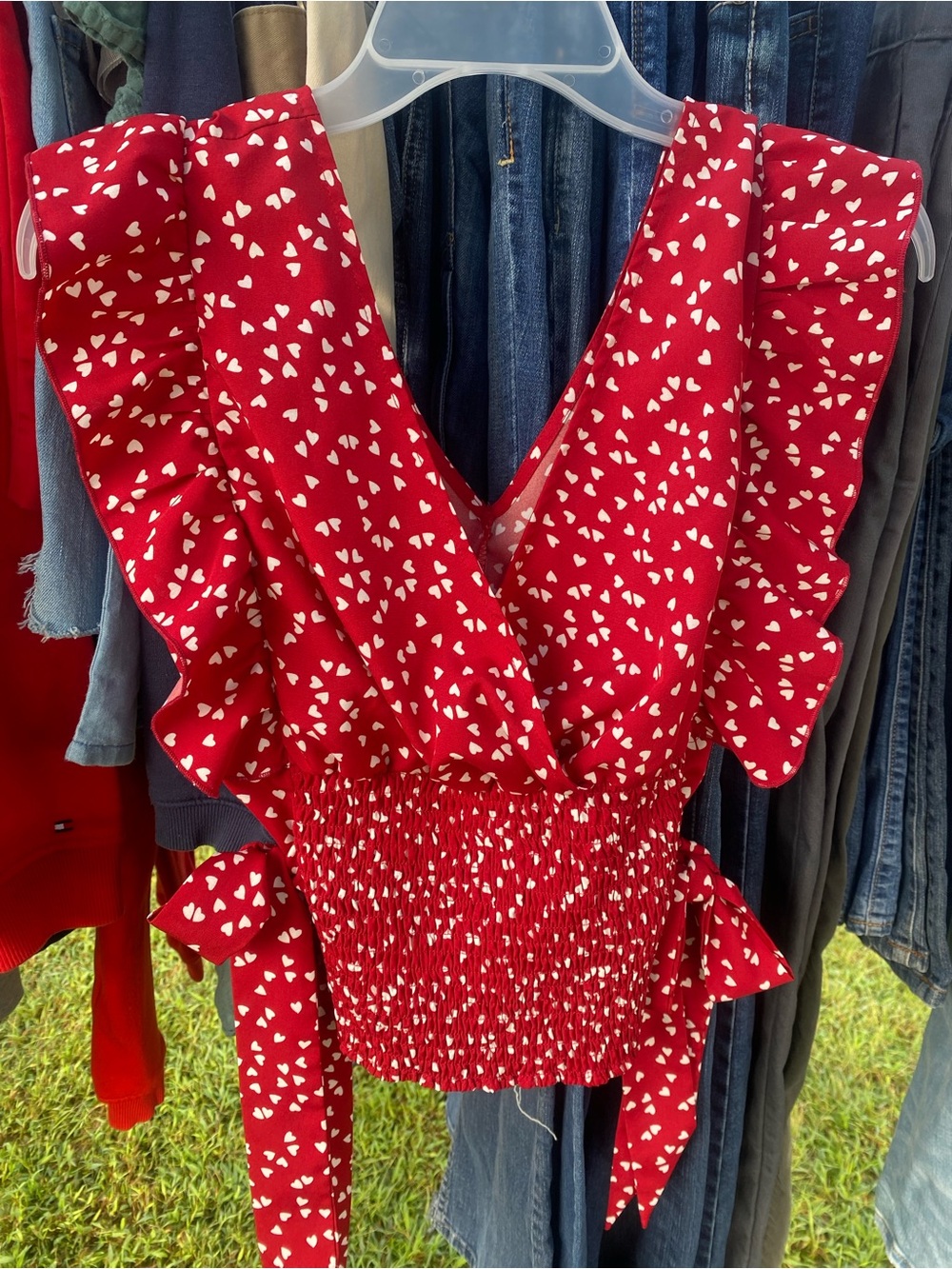 Source Unknown Red Heart-Print Ruffled Smocked Waist Blouse